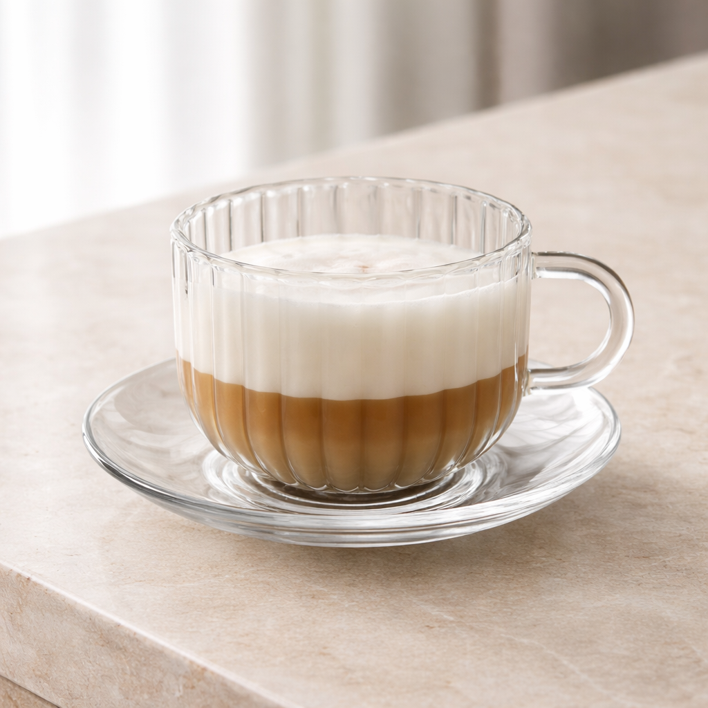 Kaffekopp i räfflat glas med fat